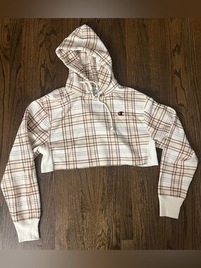 Champion Cream Plaid Cropped Hoodie with Red Accents